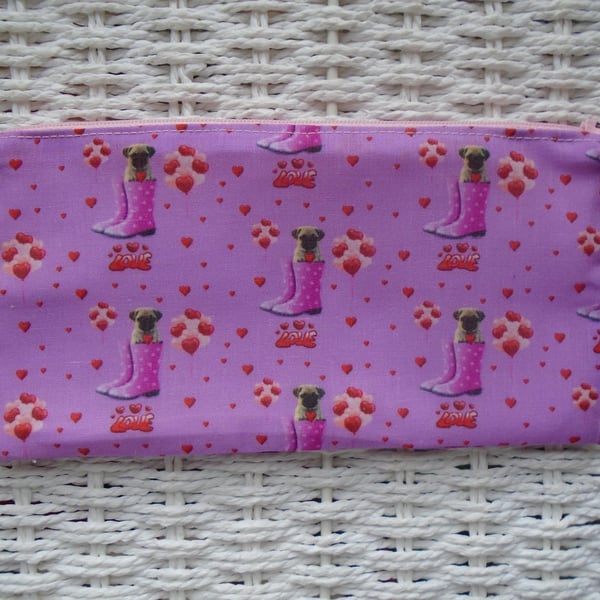 Love Pugs Pink Pencil Case or Small Make Up Bag 