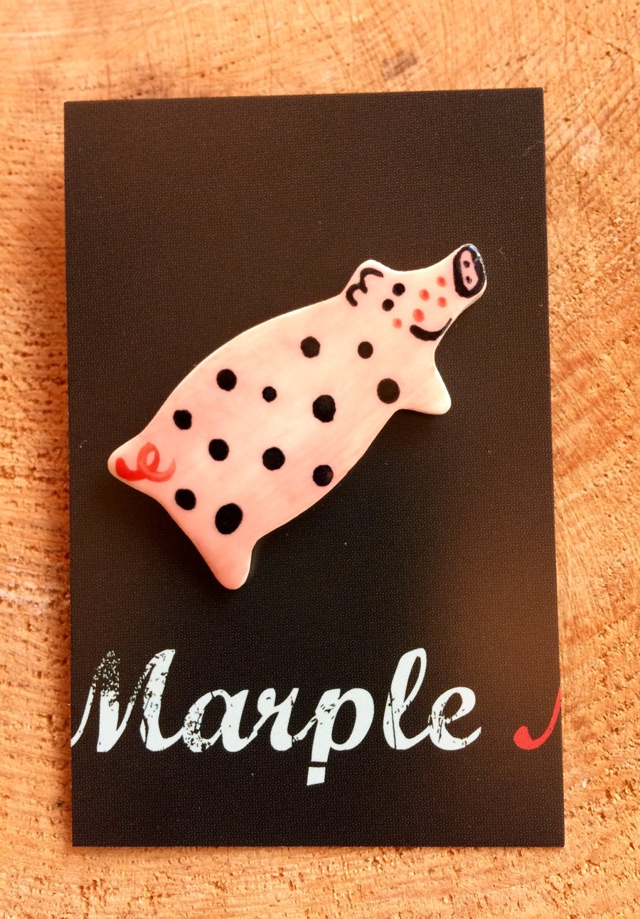 Spotty Pig Porcelain Badge.Ceramic brooch.Pig.Handmade in Wales,Uk
