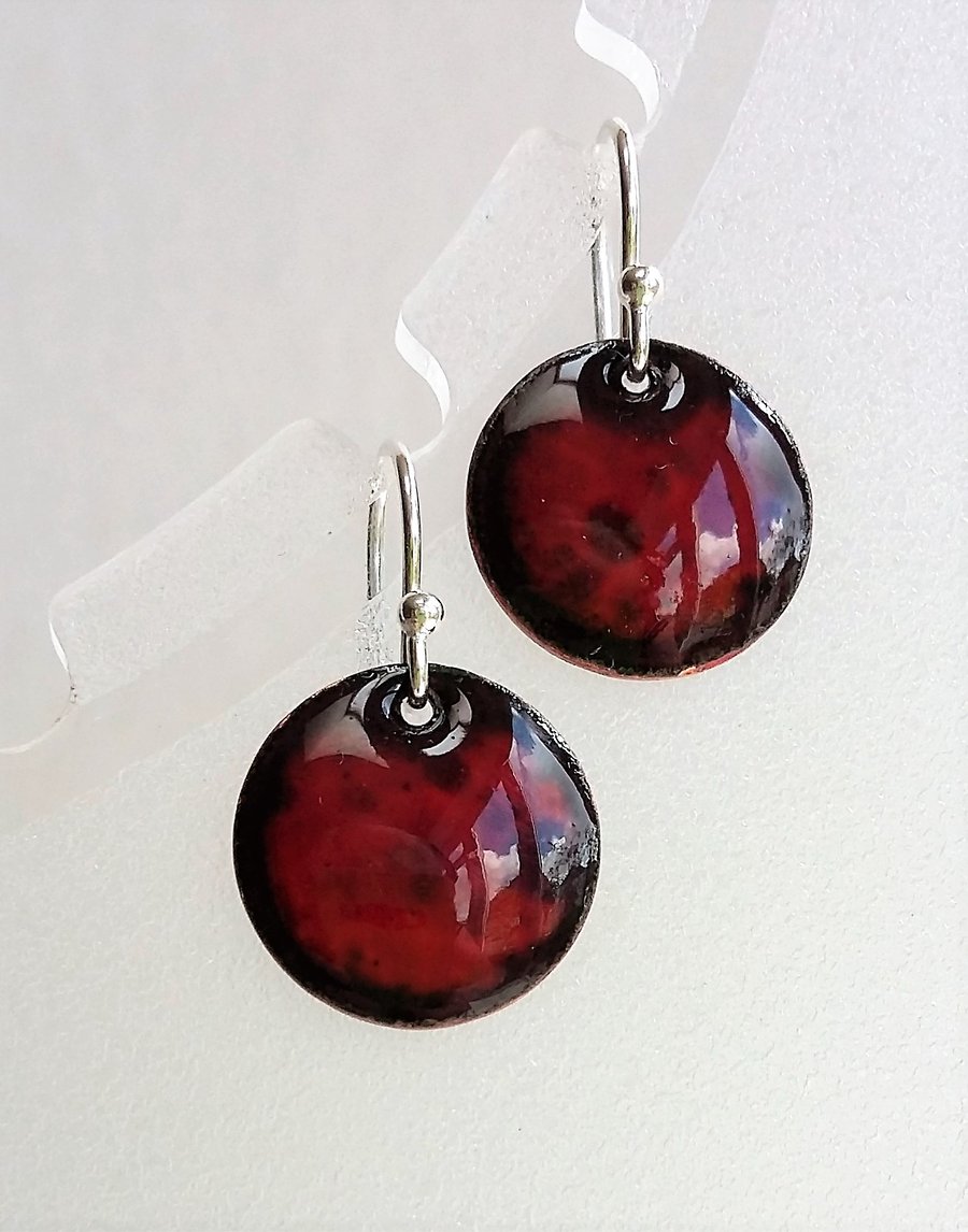 Round dark orange enamelled copper earrings 054
