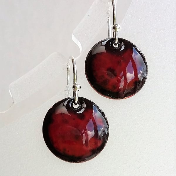 Round dark orange enamelled copper earrings 054