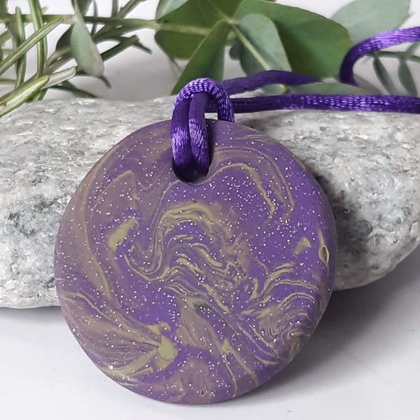 Purple and Olive Green Polymer Clay Pendant Necklace