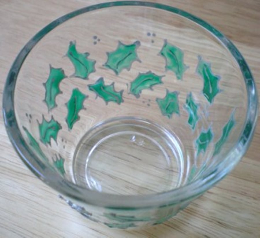 Votive - Tealight Holder with hand painted Holly leaves