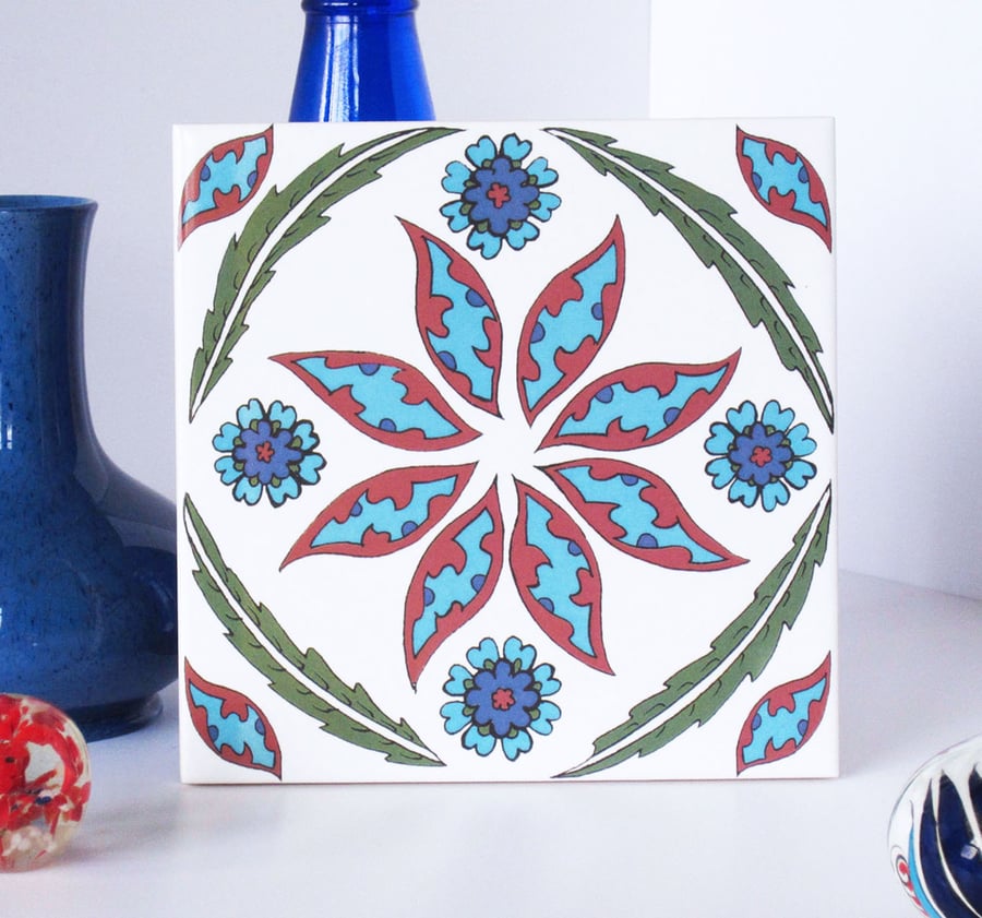 Ottoman Inspired Flower Pattern Ceramic Tile Trivet with Cork Backing