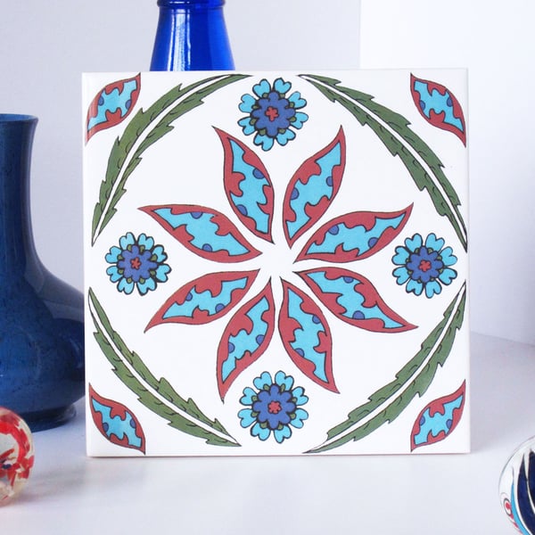 Ottoman Inspired Flower Pattern Ceramic Tile Trivet with Cork Backing