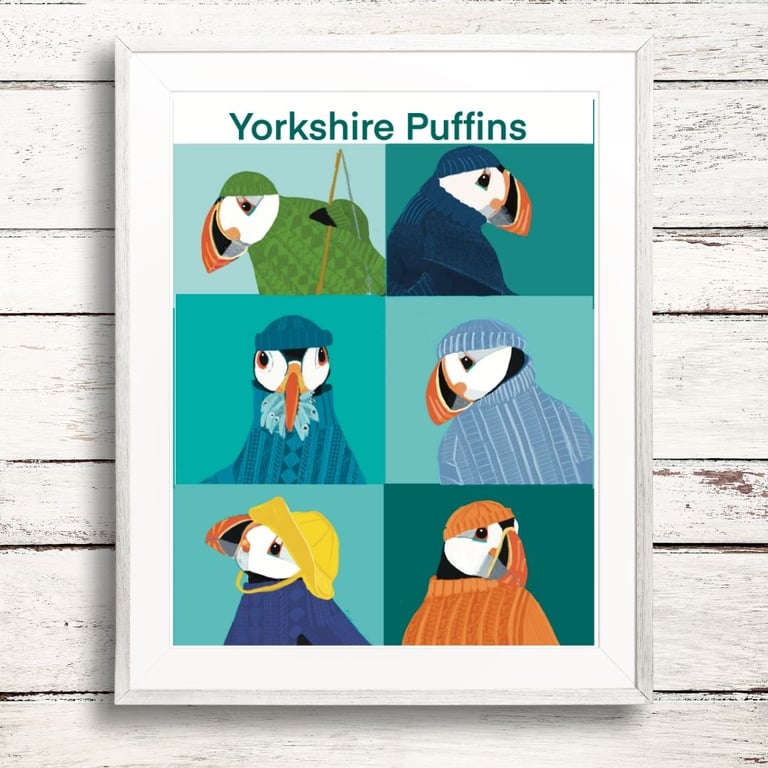Yorkshire Puffins In Ganseys Coastal large mounted art print