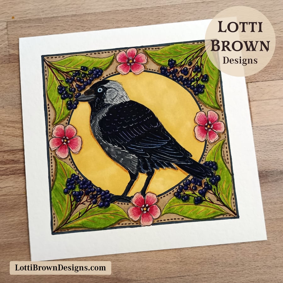 Jackdaw Art Print (8x8") - Hand-Drawn British Bird Illustration