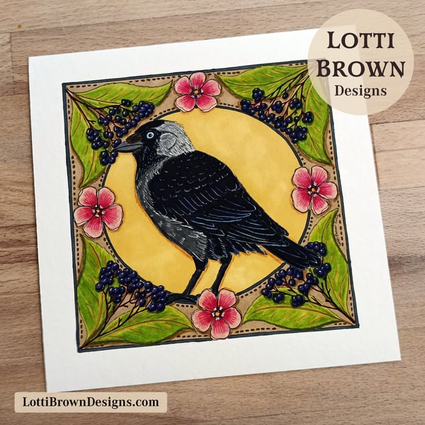Jackdaw Art Print (8x8") - Hand-Drawn British Bird Illustration
