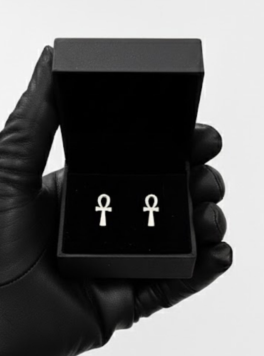 Solid 925 Sterling Silver Ankh Stud Earrings - Ancient Egyptian Symbol Jewellery