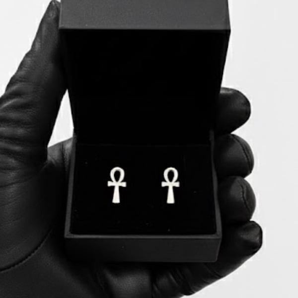 Solid 925 Sterling Silver Ankh Stud Earrings - Ancient Egyptian Symbol Jewellery