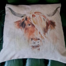Handmade 16" square Highland Cow cushion
