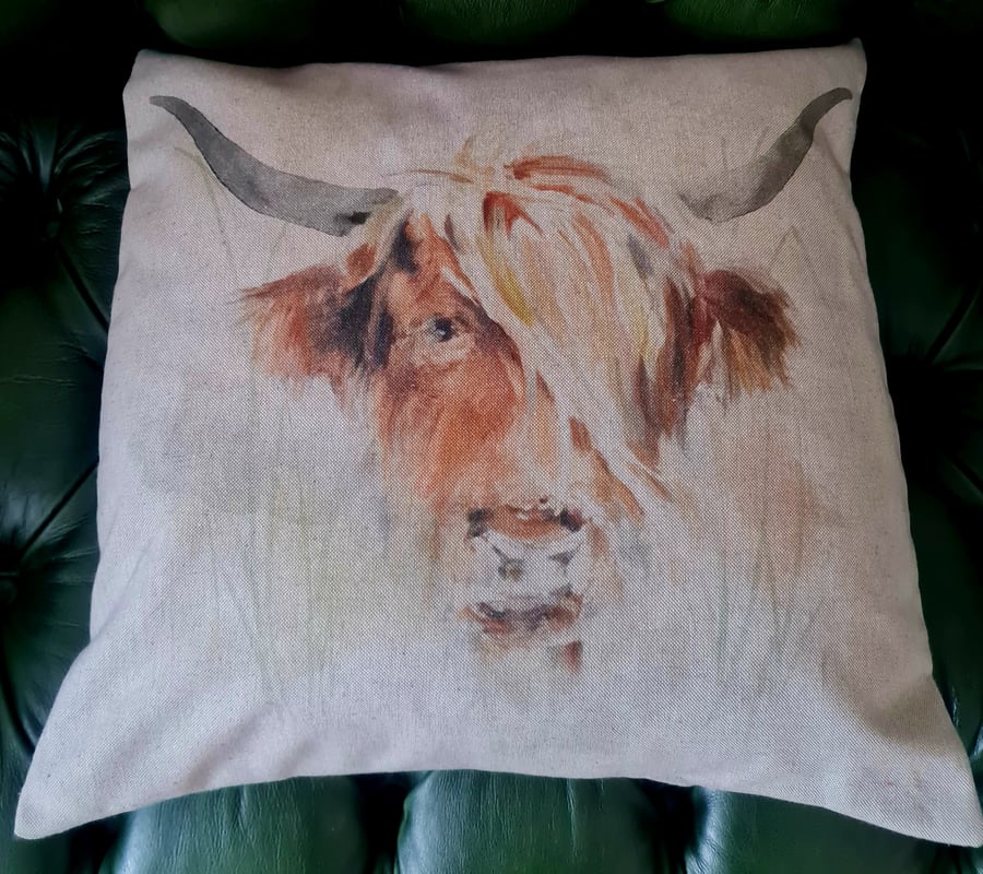 Handmade 16" square Highland Cow cushion