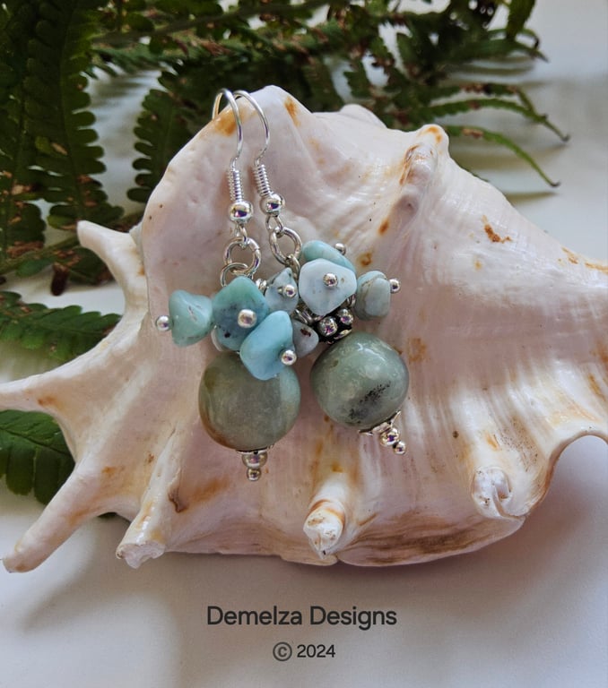 Larimar & Amazonite, Tibetan Silver & Silver Plate lever back earrings 