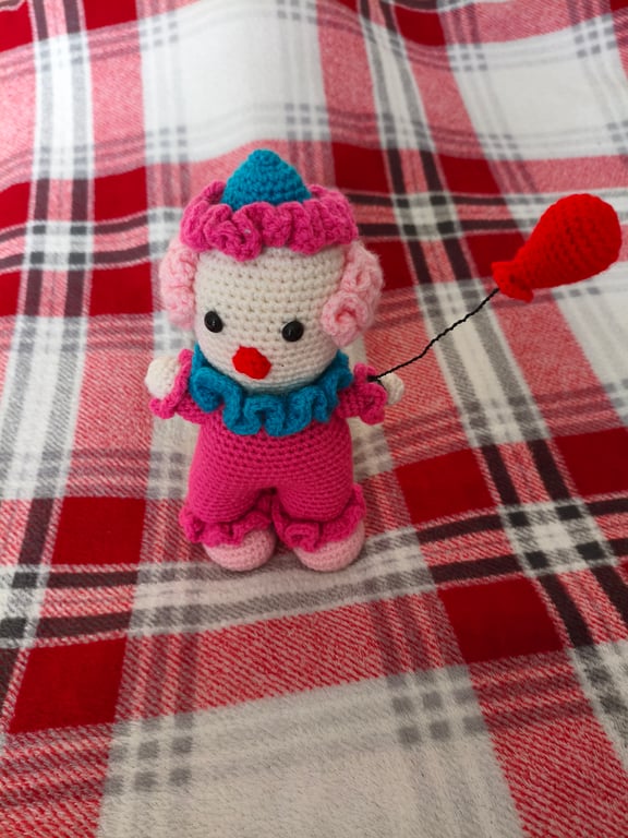 Pomelo - handmade crochet amigurumi clown doll with standing balloon - OOAK!