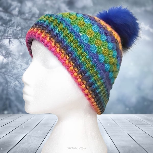 Crochet hat, beanie. Rainbow granny stitch pom pom hat. Rainbow beanie hat.