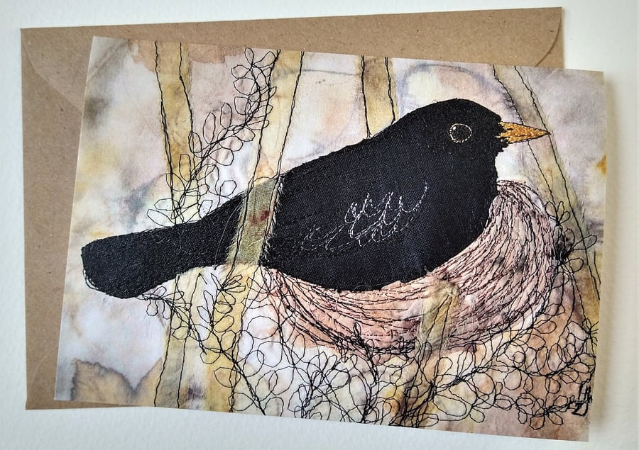 Blackbird on the Nest Embroidered Portrait Greetings Card