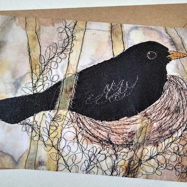 Blackbird on the Nest Embroidered Portrait Greetings Card