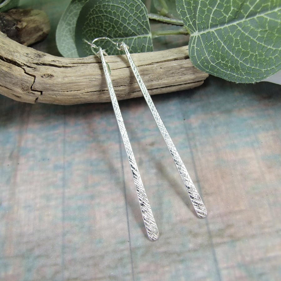 Earrings, Sterling Silver Extra Long Teardrop Bar with Crosshatch Texture