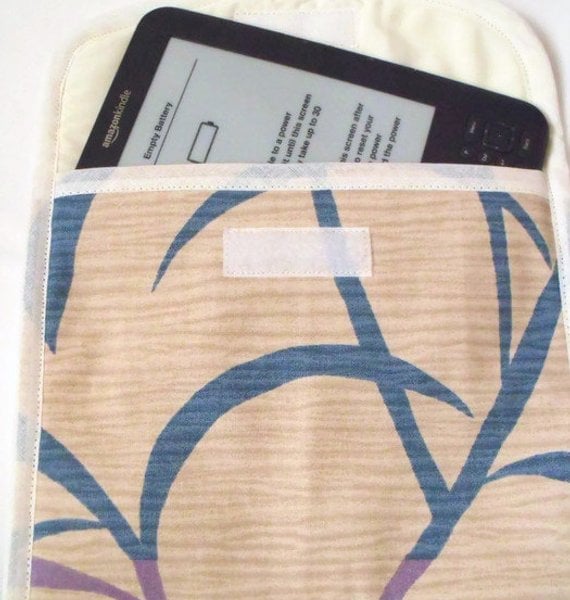 beige tablet sleeve for e reader, kindle etc, leaf print fabric