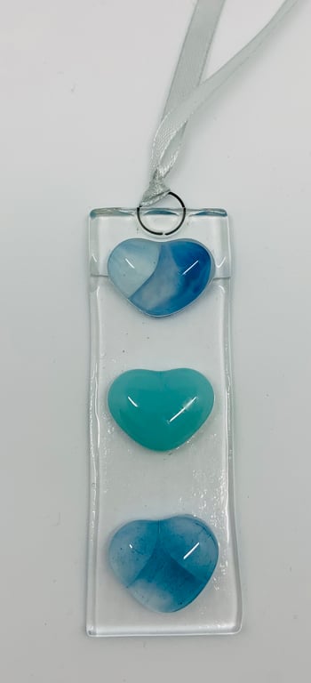 Fused Glass Hanging Sun Catcher featuring hand enamel painted glass hearts