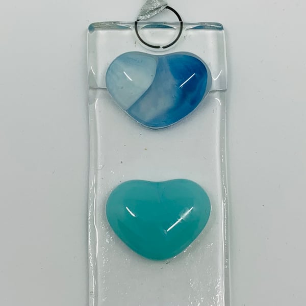 Fused Glass Hanging Sun Catcher featuring hand enamel painted glass hearts