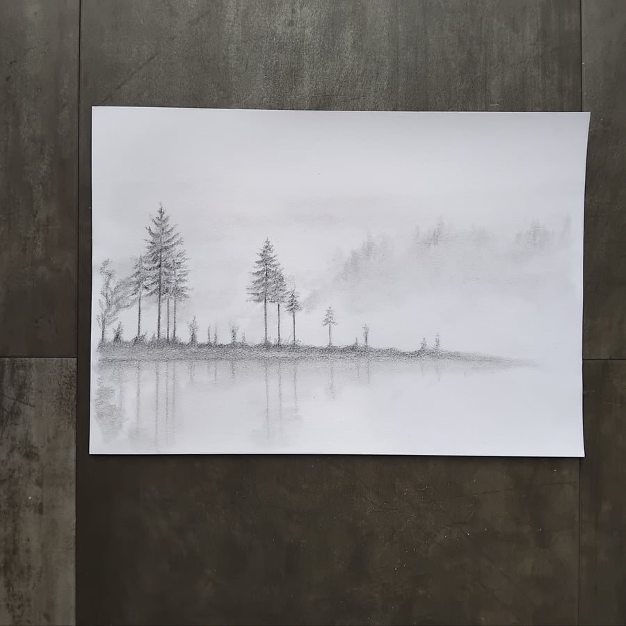 Fog by the lake - landscape drawing