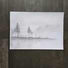 Fog by the lake - landscape drawing
