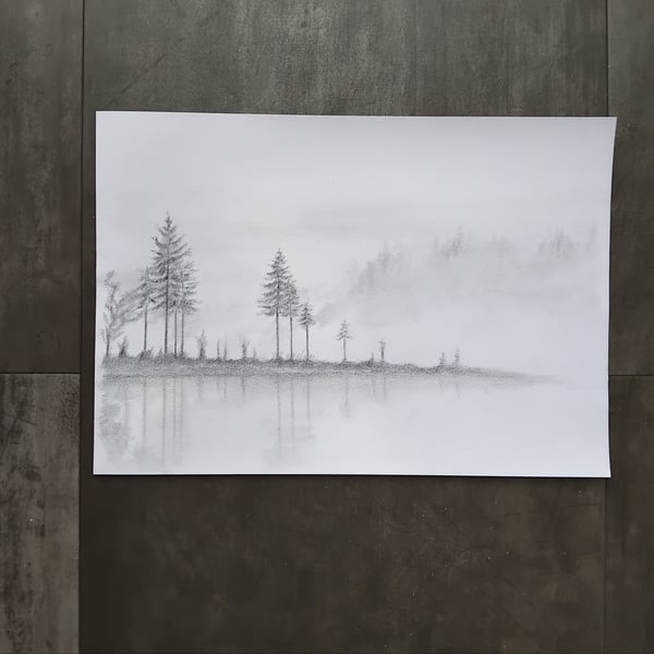 Fog by the lake - landscape drawing