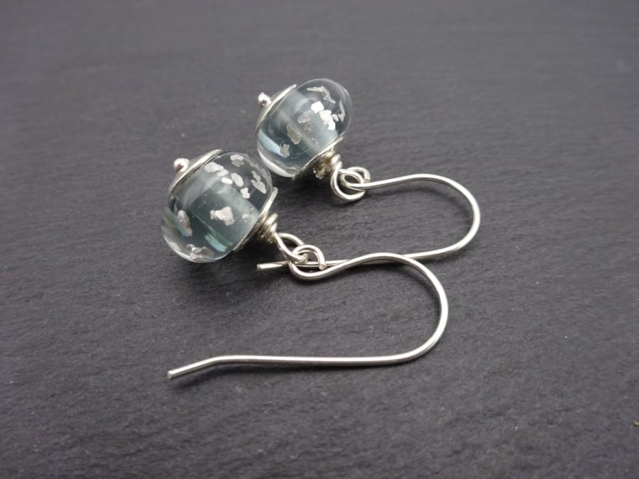 sterling silver earrings, grey glitter lampwork glass jewellery