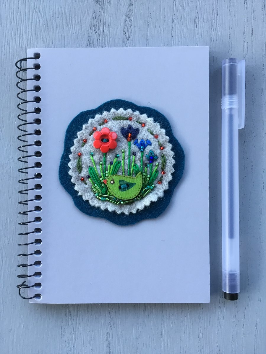 Hand Embroidered Little Bird Notebook and Pen Set