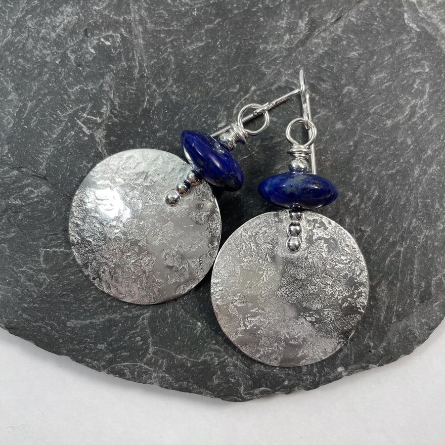 Large round silver and lapis lazuli earrings 