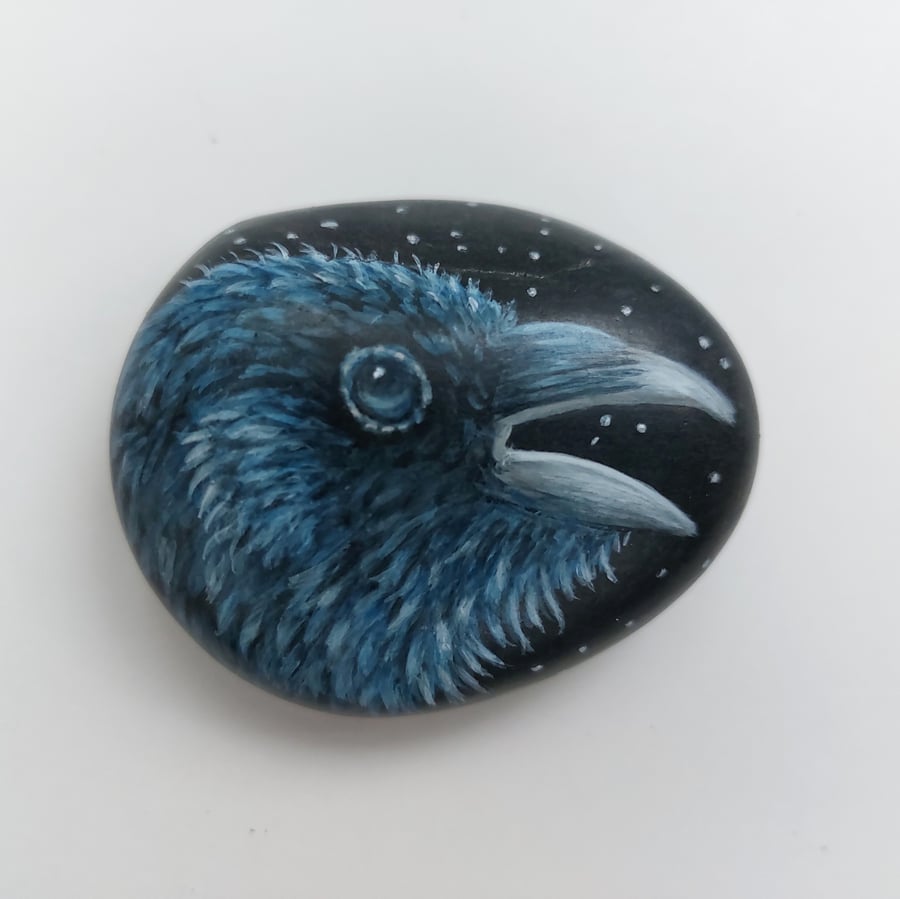 Ghost raven hand painted pebble 