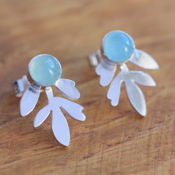Silver Leaf Earrings - Silver Aqua Blue Earrings - Silver Stud Earrings