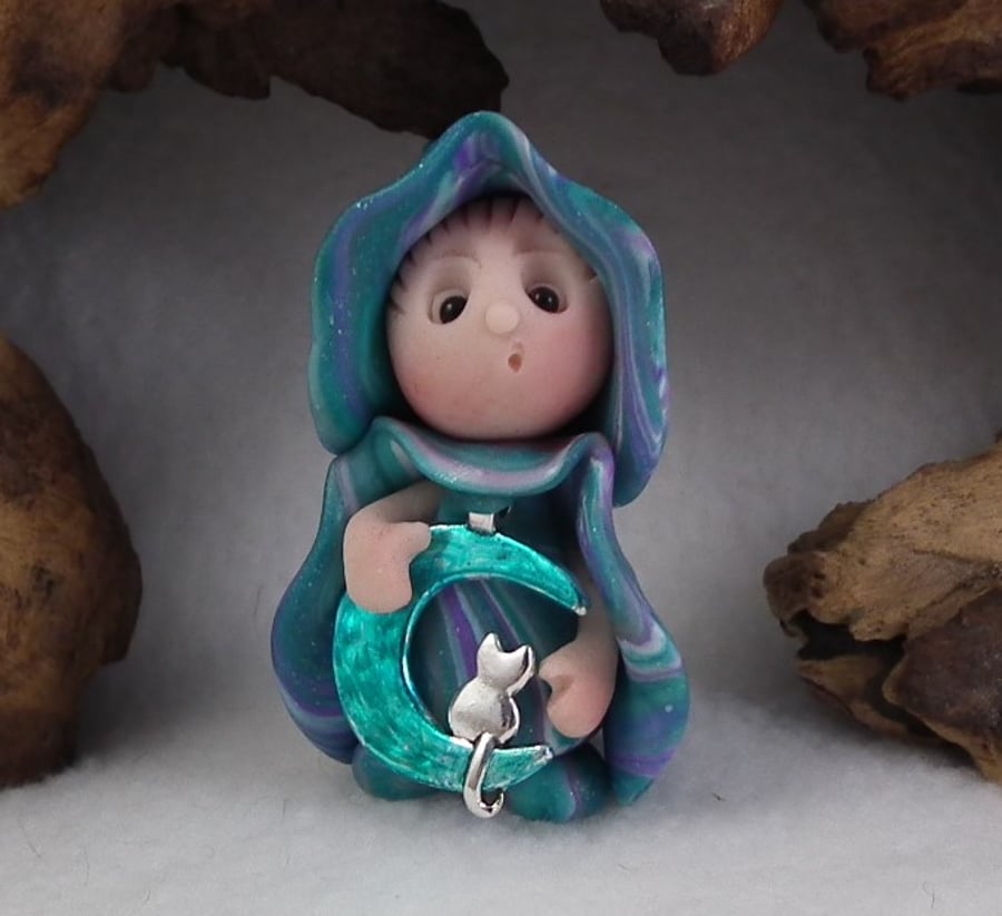 Summer Sale ... Tiny Garden Gnome 'Lunar' with moon OOAK Sculpt by Ann Galvin