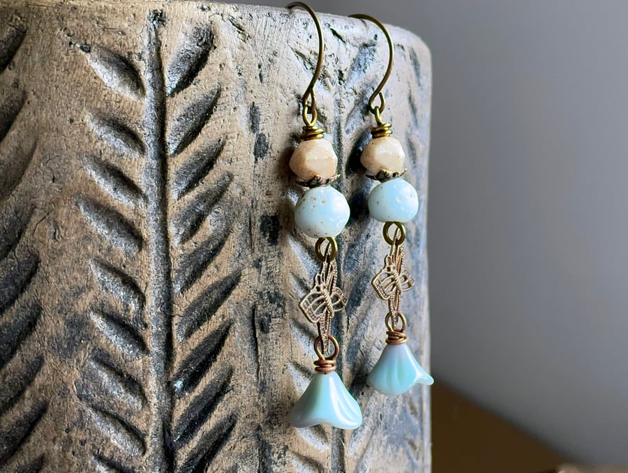 Rustic Seafoam Blue Butterfly Earrings - Whimsical Bohemian Style Jewellery