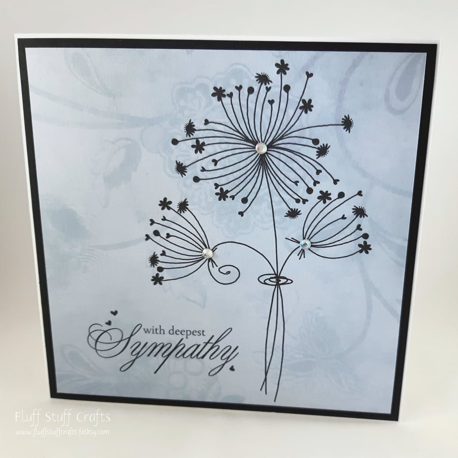 Handmade sympathy card - dandelion heads - with deepest sympathy - pale blue