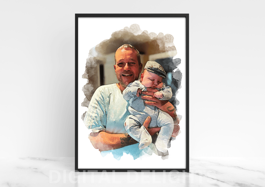 Custom Watercolor Grandad Dad Portrait, Grandparents Watercolor Print