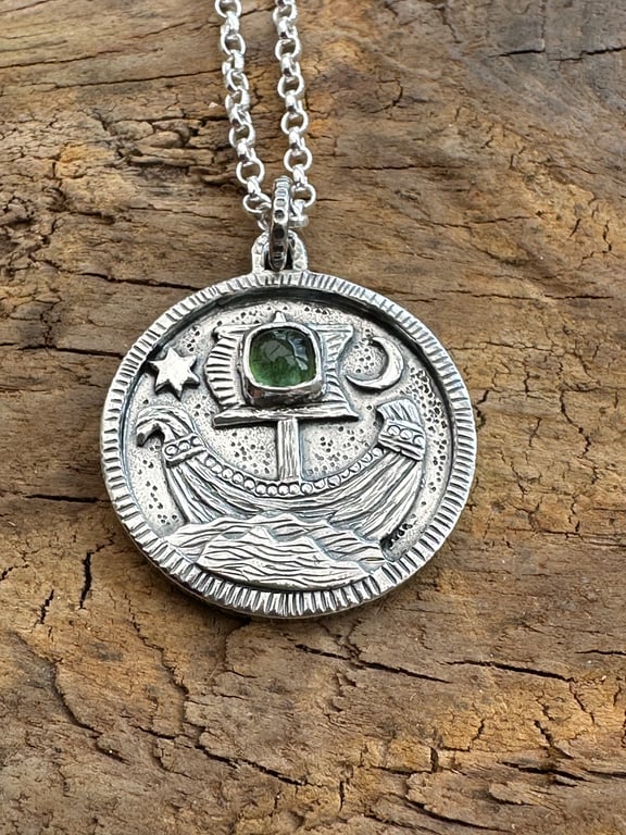 Viking Ship Coin Pendant with Tourmaline
