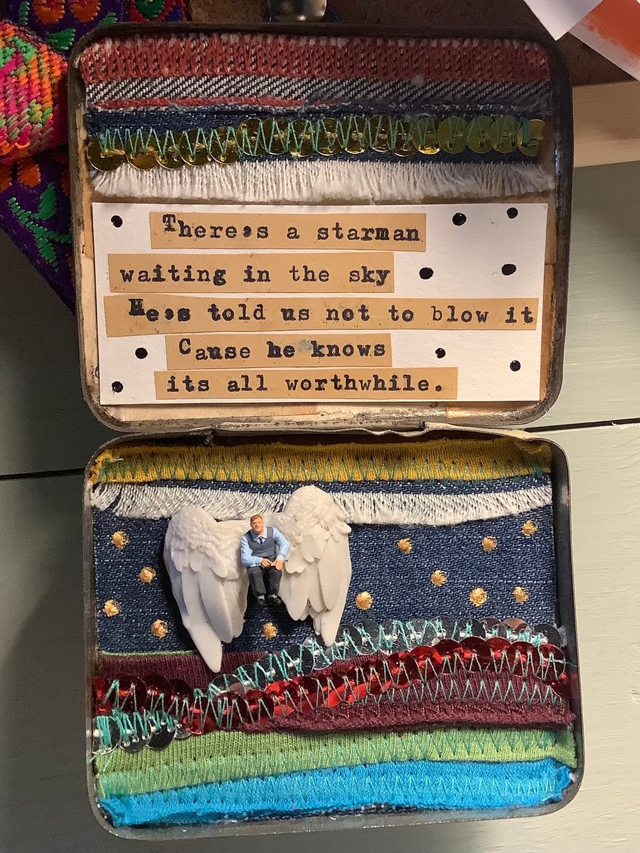 David Bowie inspired mixed media tin. Diorama, vintage, upcycled. Lyrics 