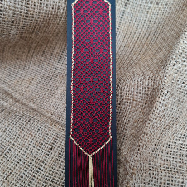 Bobbin Lace Bookmark in Red and Gold
