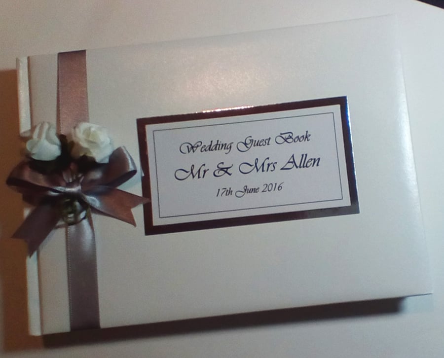 Wedding guest book with roses, silver and white wedding guest book