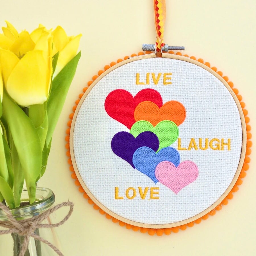 Embroidered Hoop Decoration: Live Laugh Love design 6” (15cm)