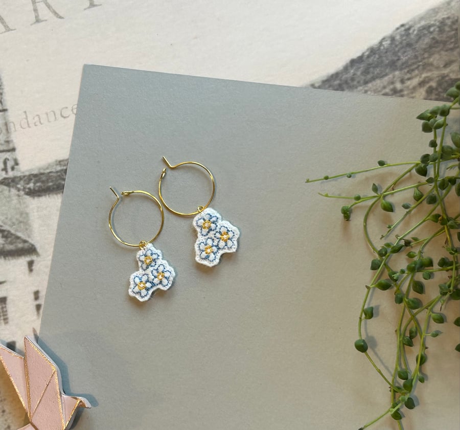 Forget-me-not  embroidered hoop earrings 