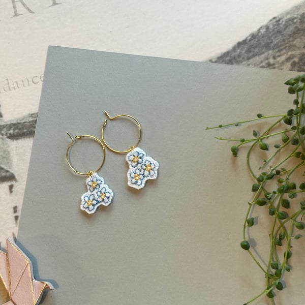 Forget-me-not  embroidered hoop earrings 