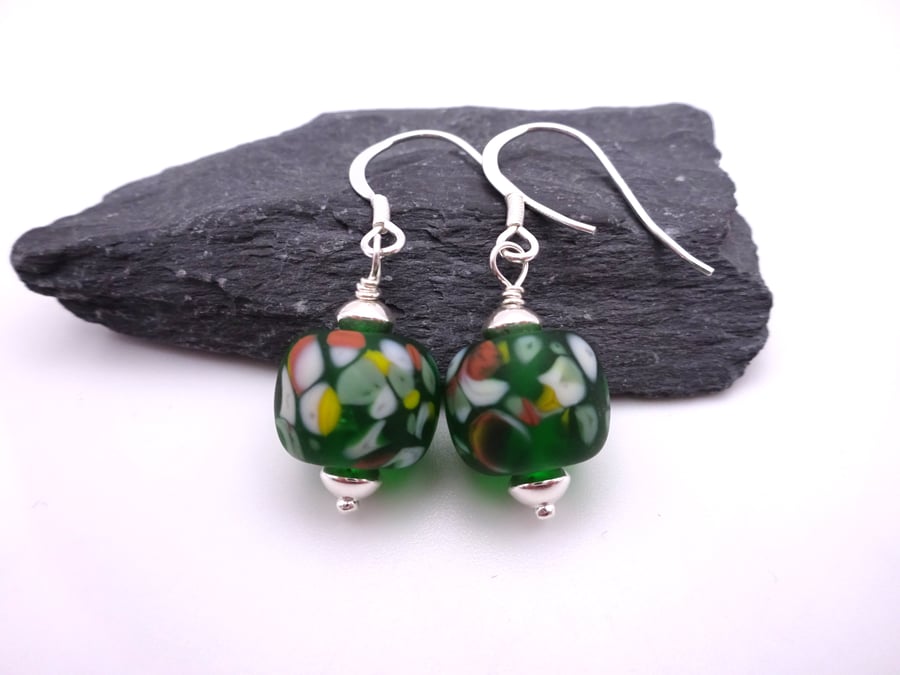 dark green frit lampwork glass earrings
