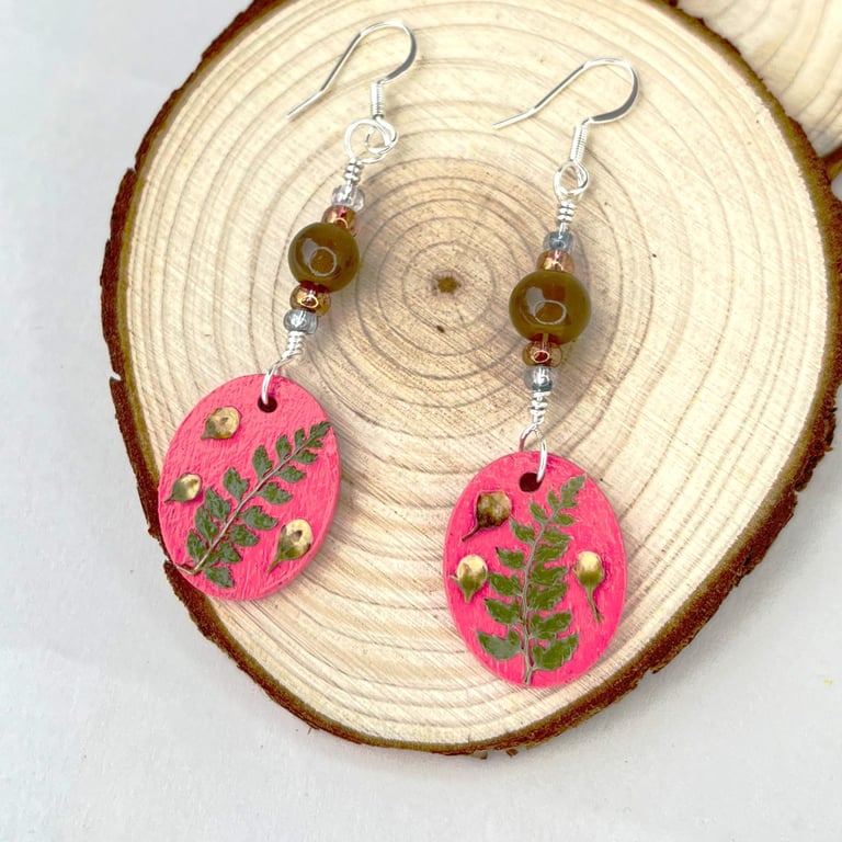 Real Pressed Fern and Flowers Bud Dangle Wood and Sliver Plated Earrings