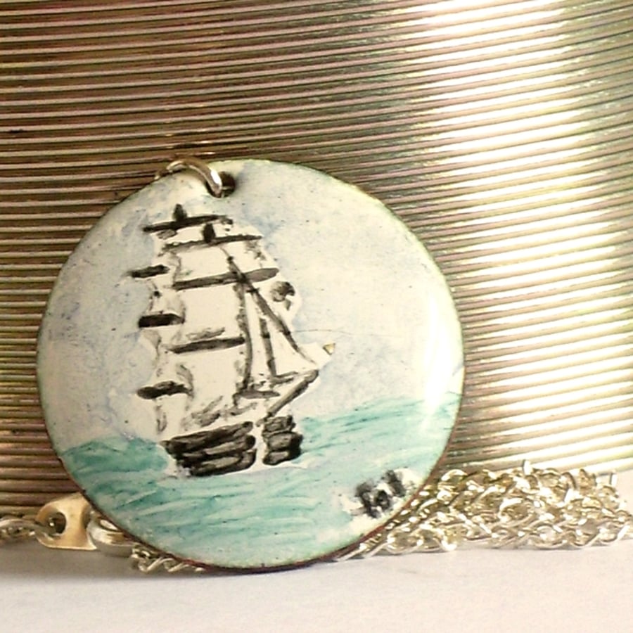 medium round pendant - painted enamel - tall ship in sail