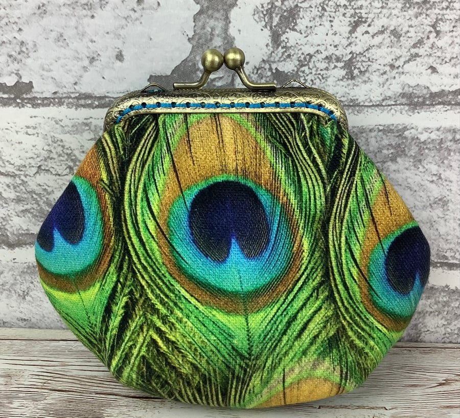 Peacock Feathers frame coin purse, Kiss clasp, Optional chain, Handmade