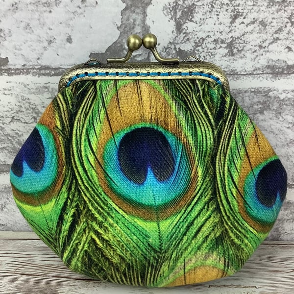 Peacock Feathers frame coin purse, Kiss clasp, Optional chain, Handmade