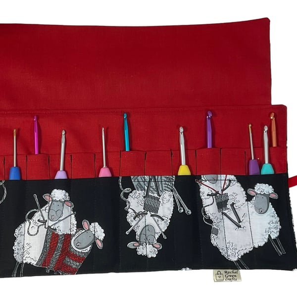 Crochet hook case with knitting sheep, ergonomic hook organiser, roll up case, S
