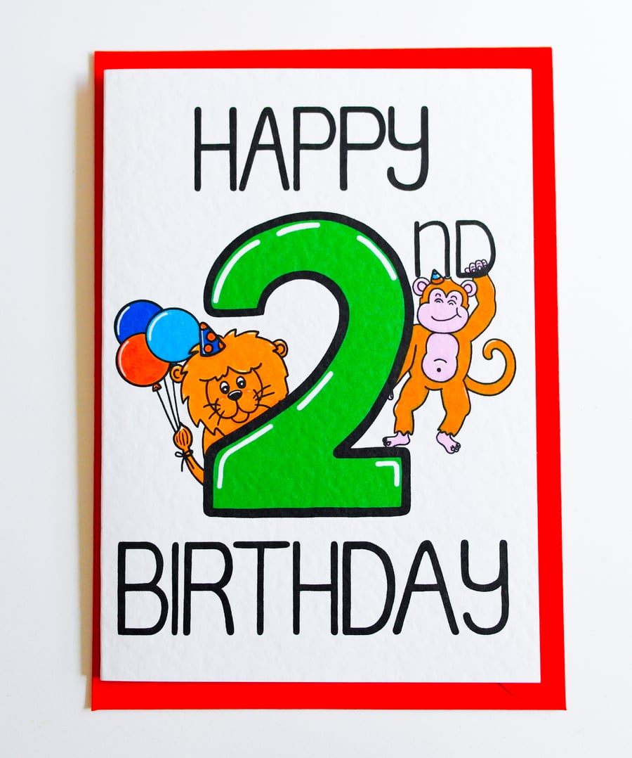 Happy 2nd Birthday card, animal Birthday Card for 2 year old Baby Boy or Girl
